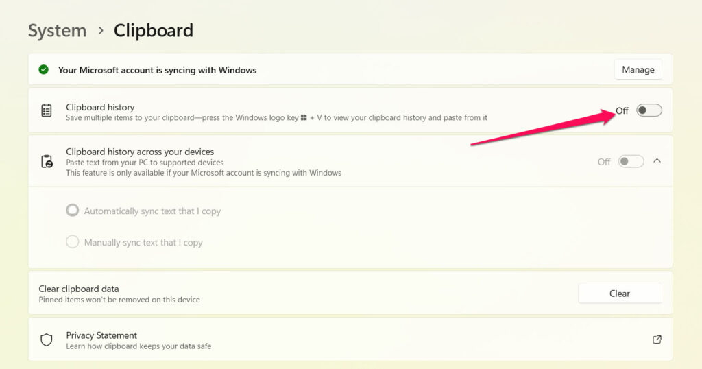 Attiva la cronologia degli appunti - Windows+Shift+S non funziona