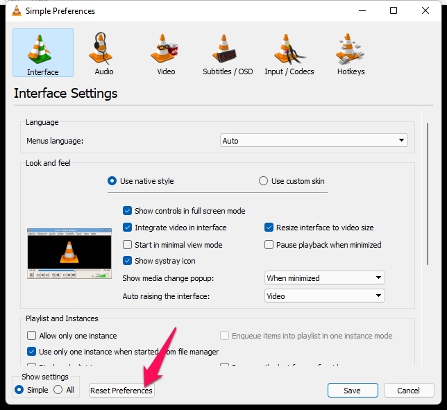 Restablecer preferencias de VLC