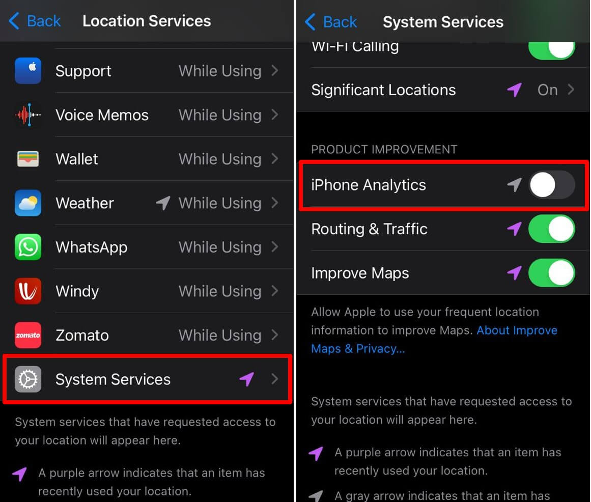iPhone位置情報分析を無効にする
