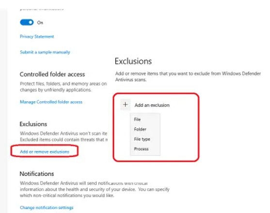 除外リストに追加する - アンチマルウェアサービス実行可能ファイルの高いCPU使用率