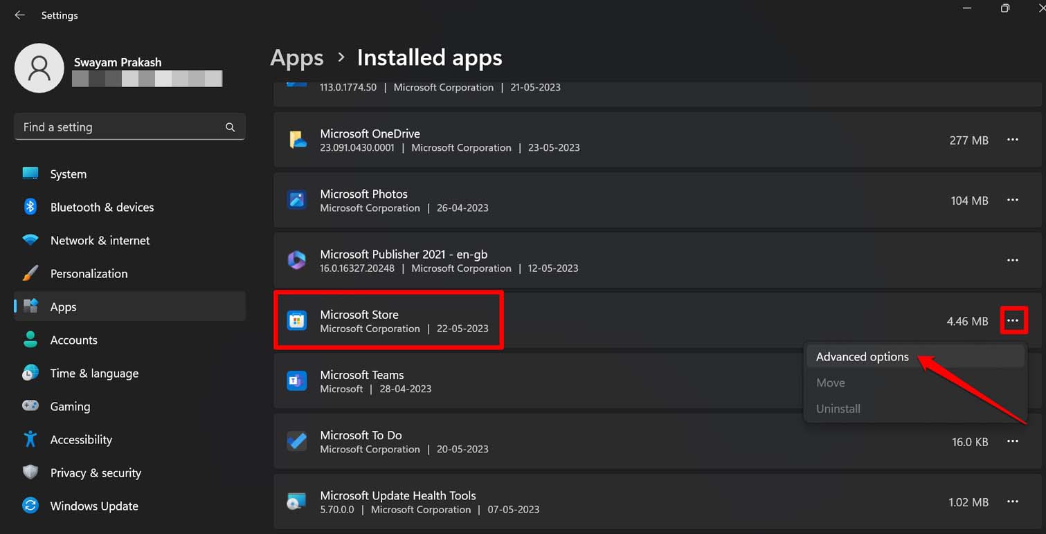 Erweiterte Optionen für Microsoft Store