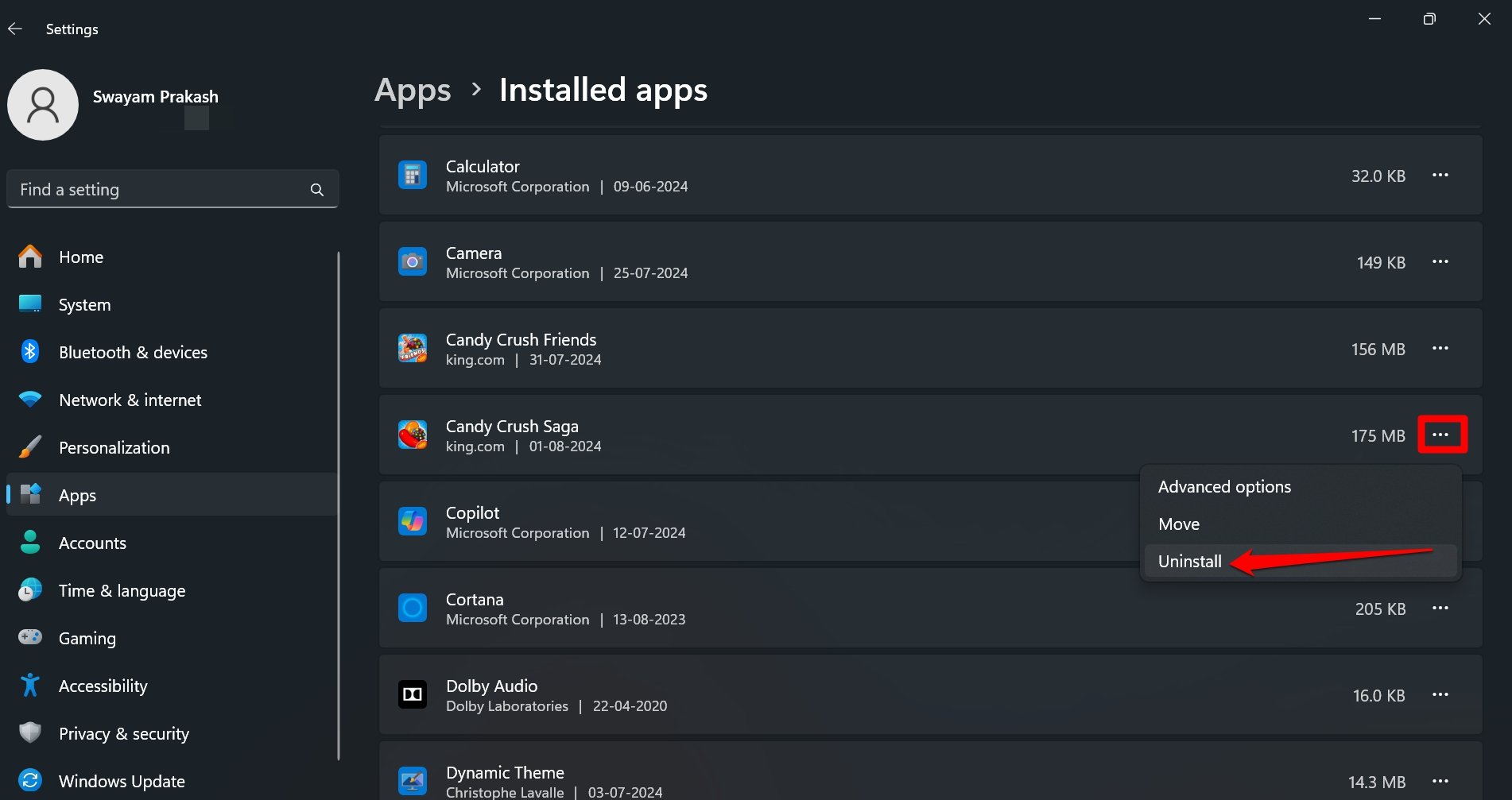 Windows 11에서 앱 제거