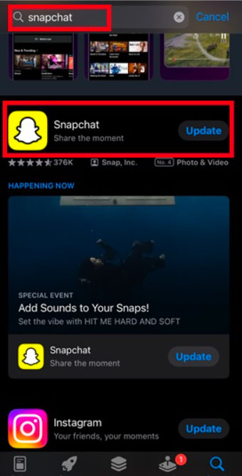 Aggiorna l'app Snapchat - Codice di supporto Snapchat C14A