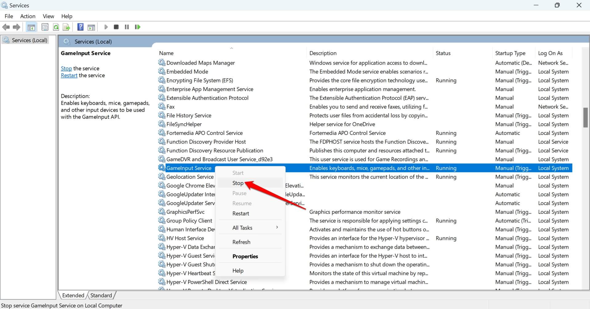 ferma il servizio GameInput su Windows 11