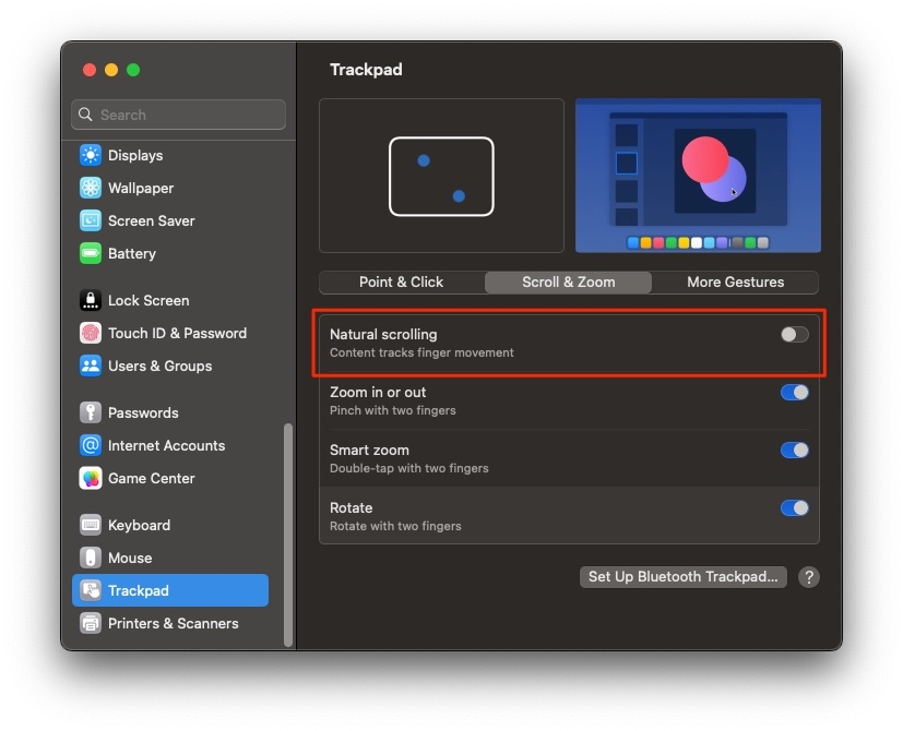 Отключите естественное направление прокрутки - трекпад MacBook не щелкает