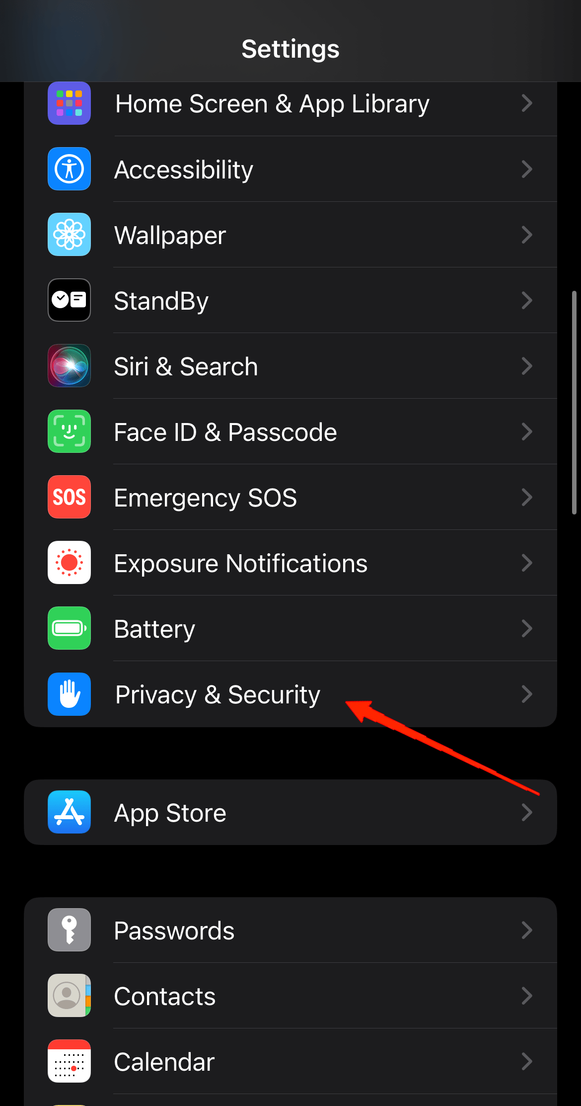 Ouvrez Réglages et allez dans Confidentialité et sécurité