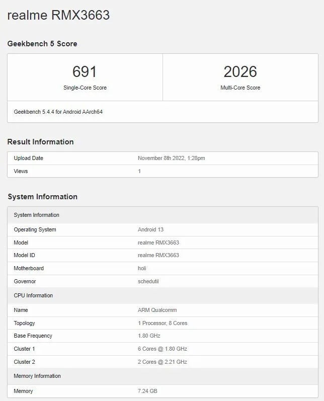 Punteggio Geekbench del Realme 10 Pro 5G