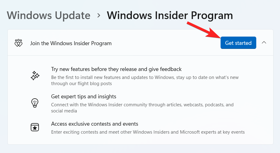 Drücken Sie die Schaltfläche Loslegen im Windows Insider-Programm