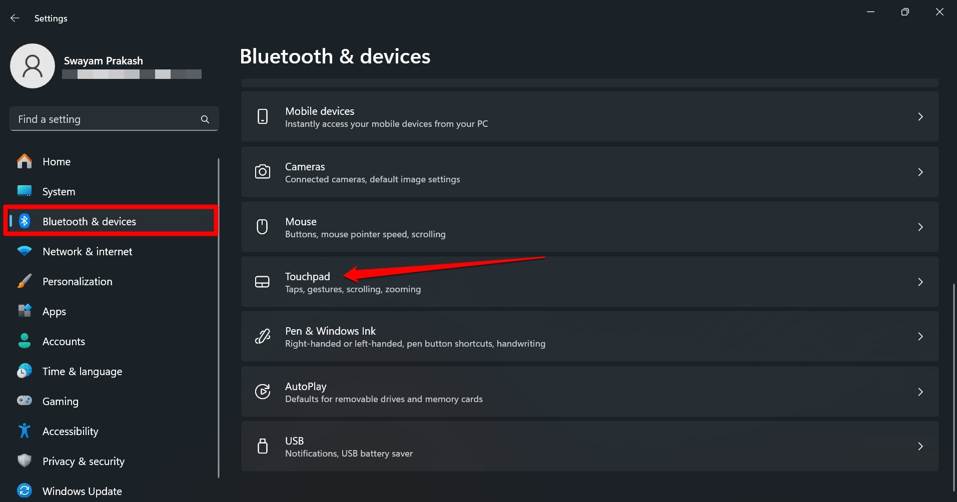 configurações do touchpad do Windows 11
