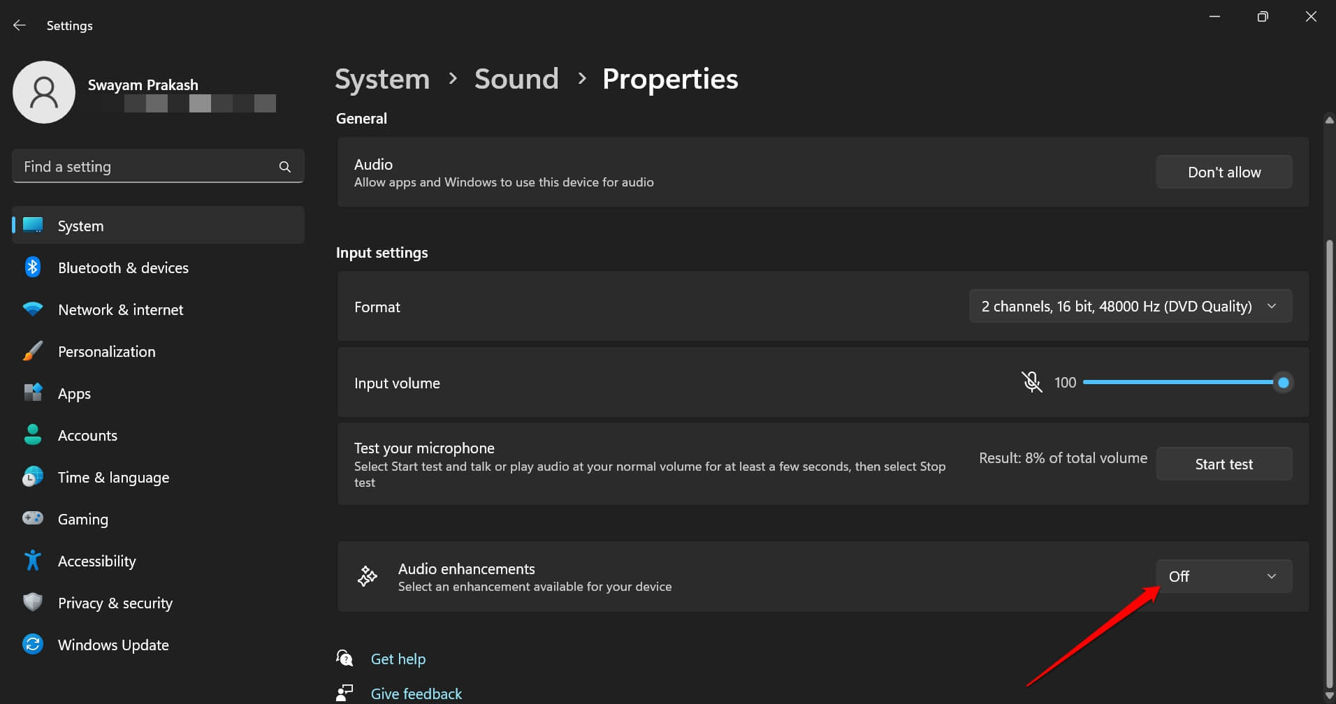 désactiver les améliorations audio pour l'entrée audio