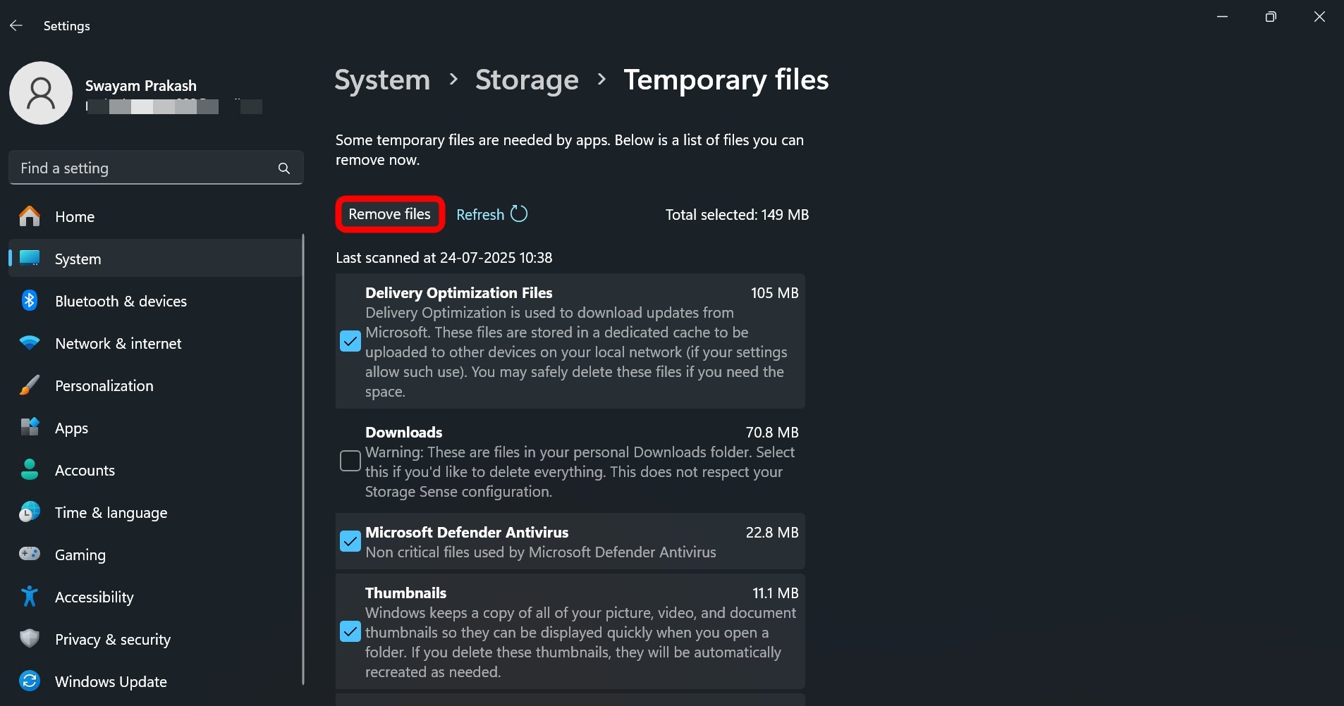 Windows 11에서 임시 파일 제거