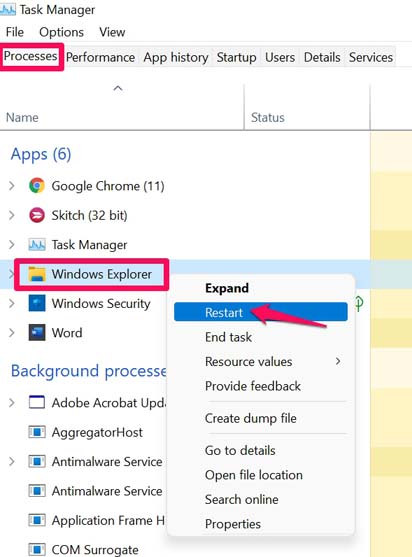 riavvia windows explorer