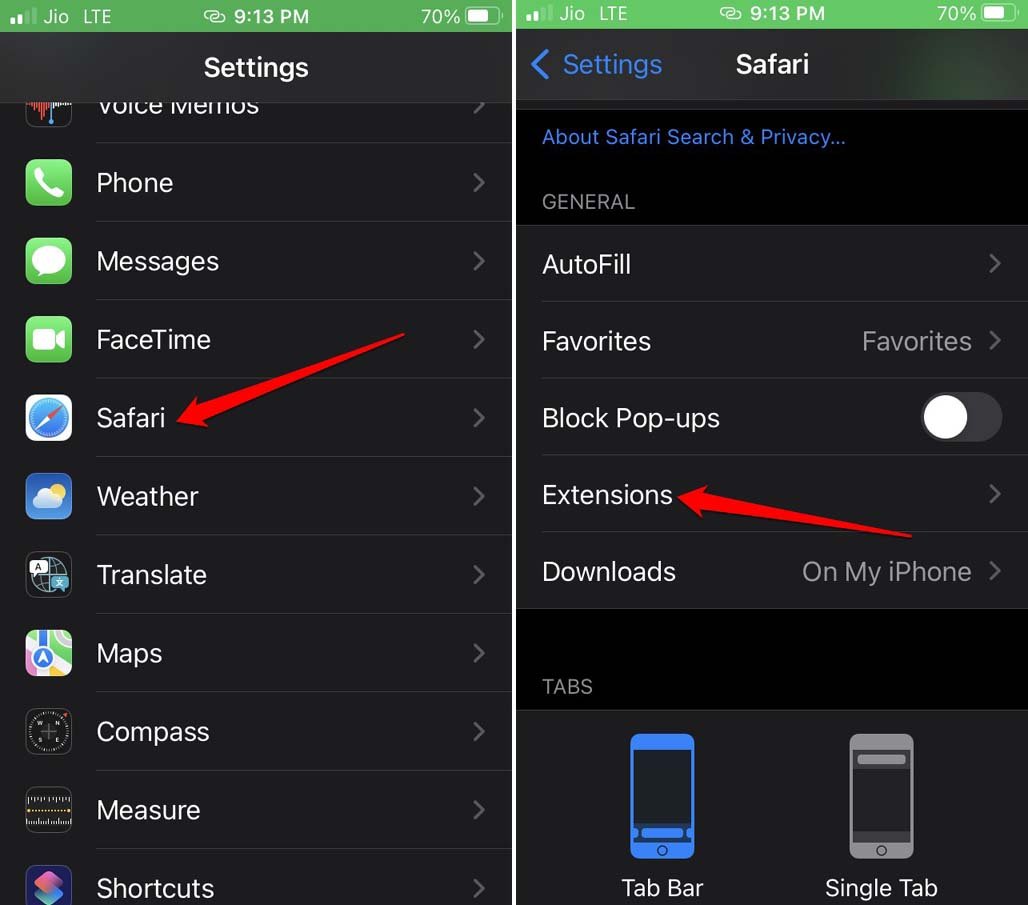 desativar extensões do safari