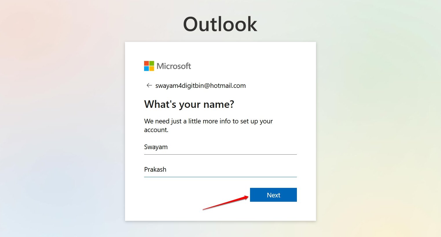 imposta il nome per l'account hotmail