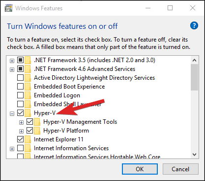Hyper V im Fenster der Windows-Funktionen aktivieren