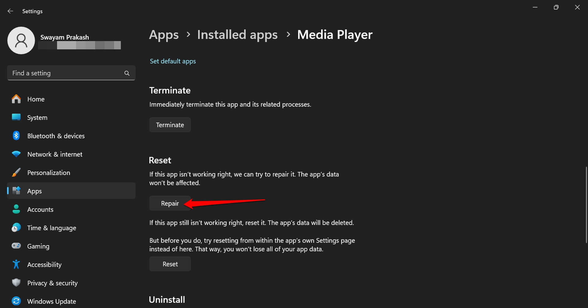 ripara windows media player