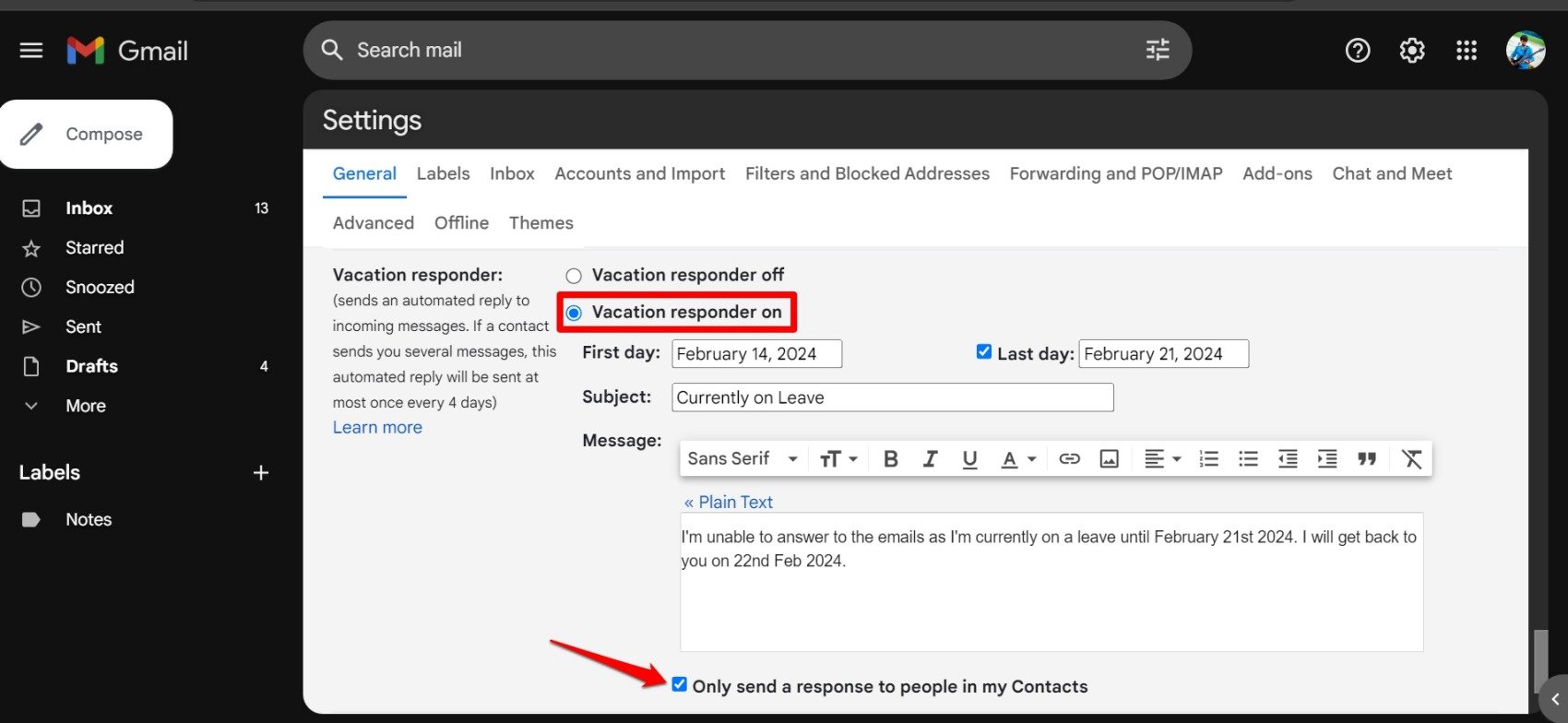 set up vacation responder on Gmail web