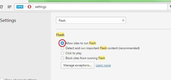 Habilitar Flash en el Navegador Opera