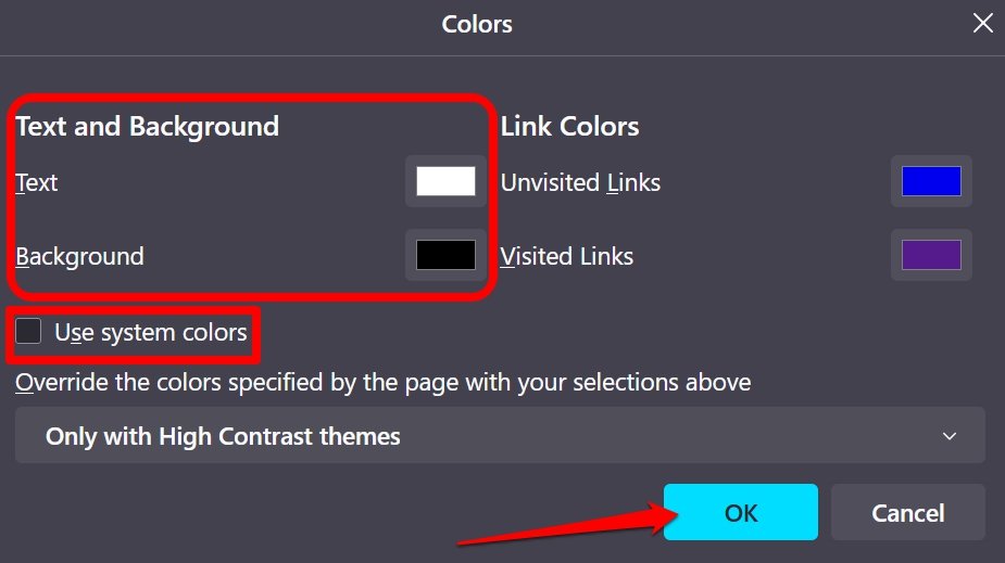 Firefox 브라우저에서 시스템 색상 끄기
