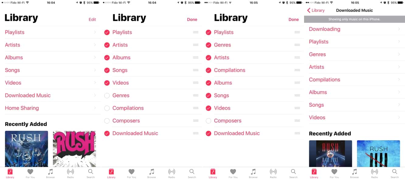 iOS 10 음악 앱에서 라이브러리 보기 사용자화하기