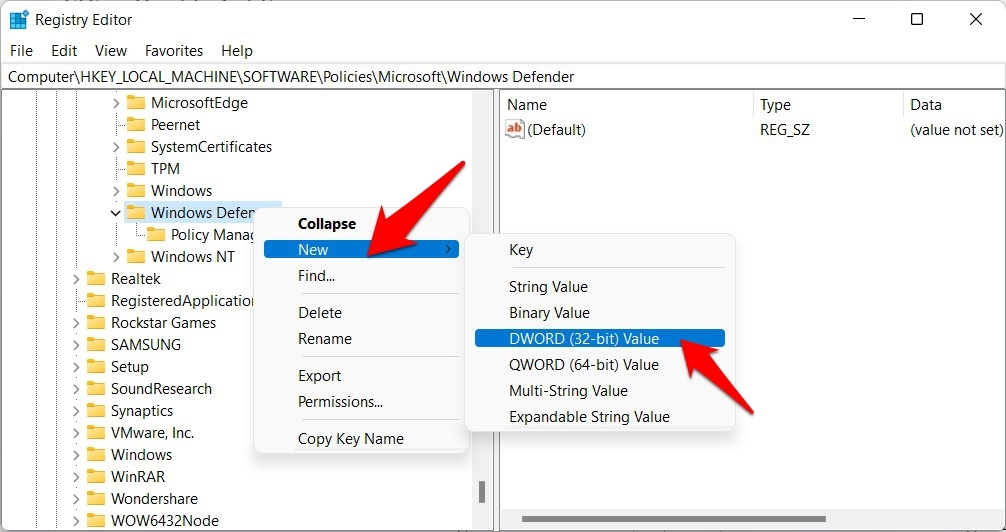 새 Windows Defender DWORD 파일