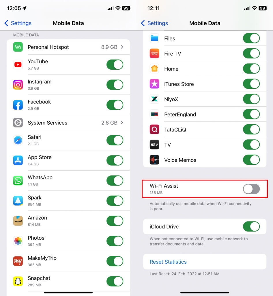 Désactiver l'assistance Wi-Fi - Vérifiez l'utilisation des données sur iPhone