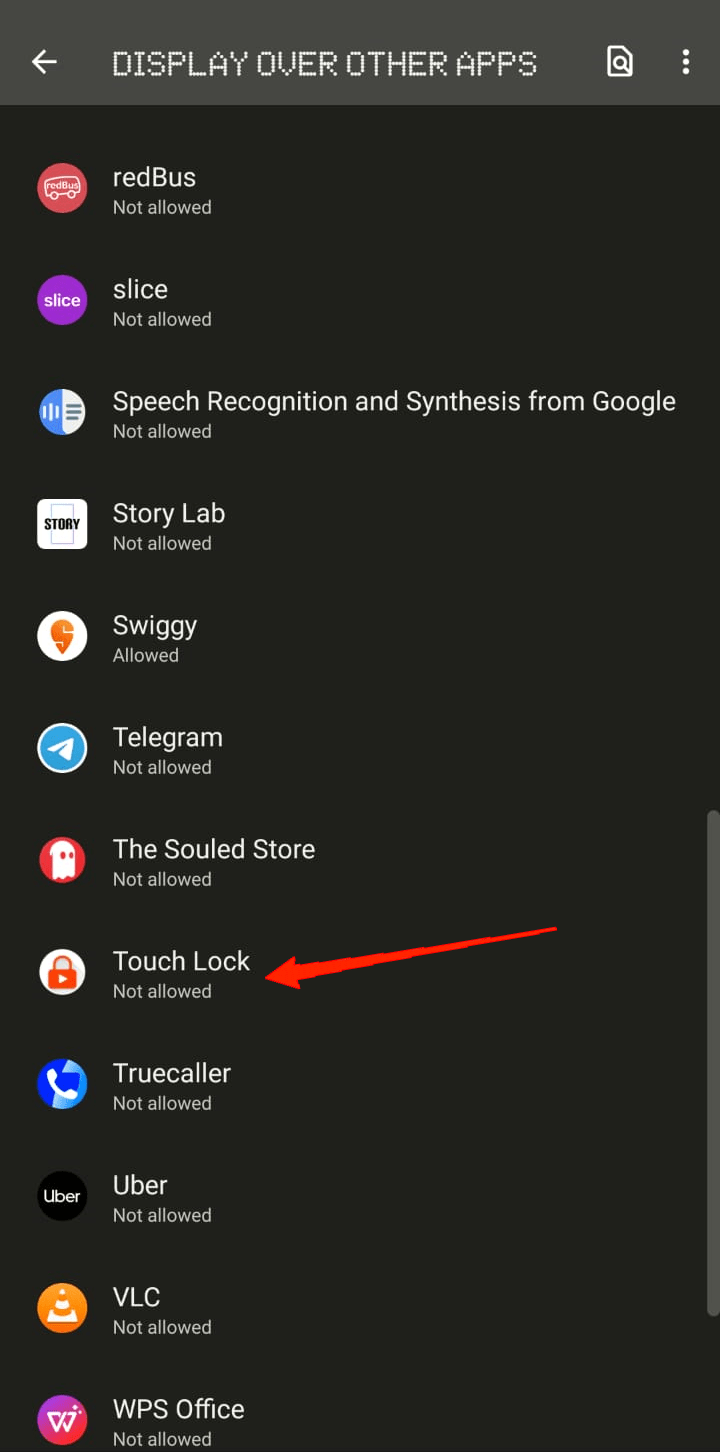 Desplázate hacia abajo, localiza Touch Lock y habilita el permiso