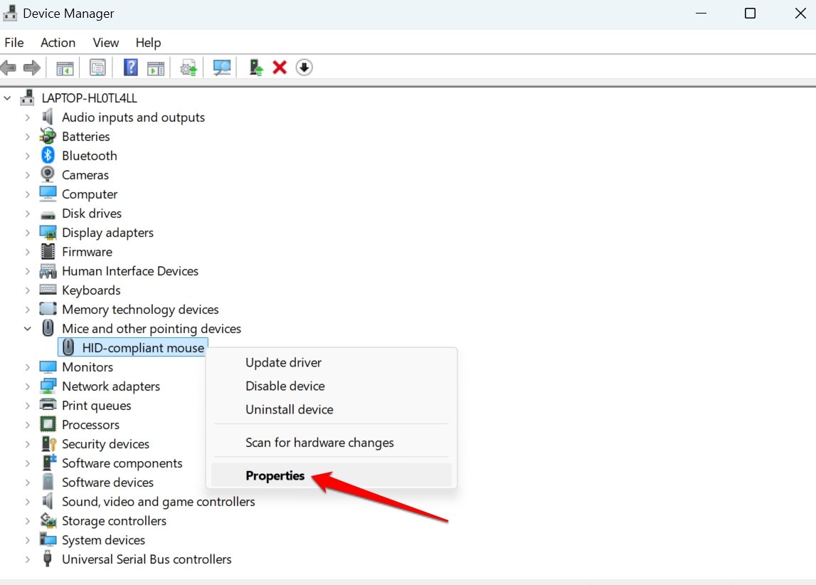 propriedades do mouse no gerenciador de dispositivos
