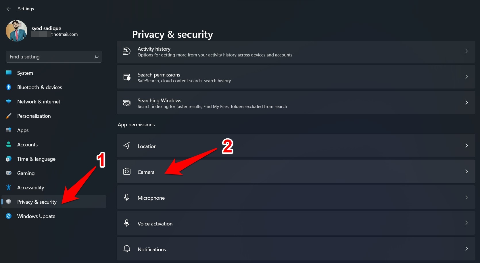 Opción de cámara de privacidad y seguridad