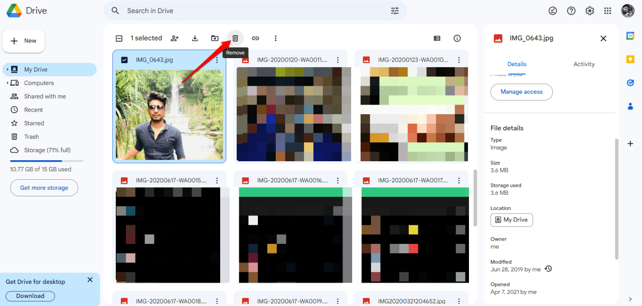Seleccione un archivo que desea eliminar y toque la opción eliminar