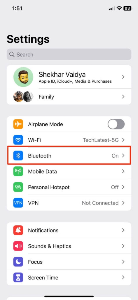 Bluetooth Settings in iPhone - Remove AirPods From Apple ID