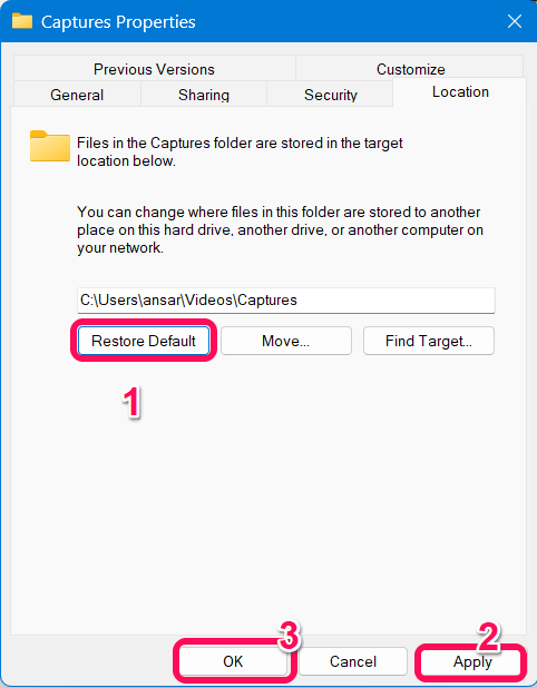Klicken Sie auf die Option Standard wiederherstellen und klicken Sie auf Übernehmen und OK