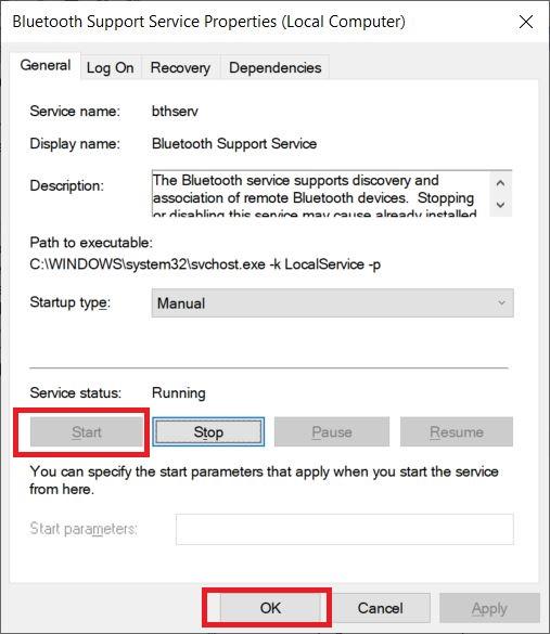 Propiedades del servicio de soporte de Bluetooth