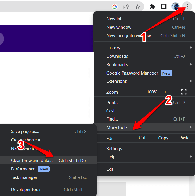Drei Punkte> Weitere Tools>Browserdaten löschen.