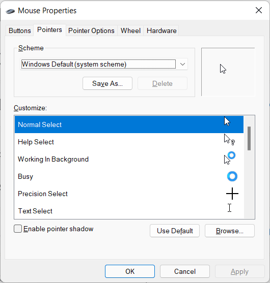 Navigate to “Pointers” and tap on “Use Default”