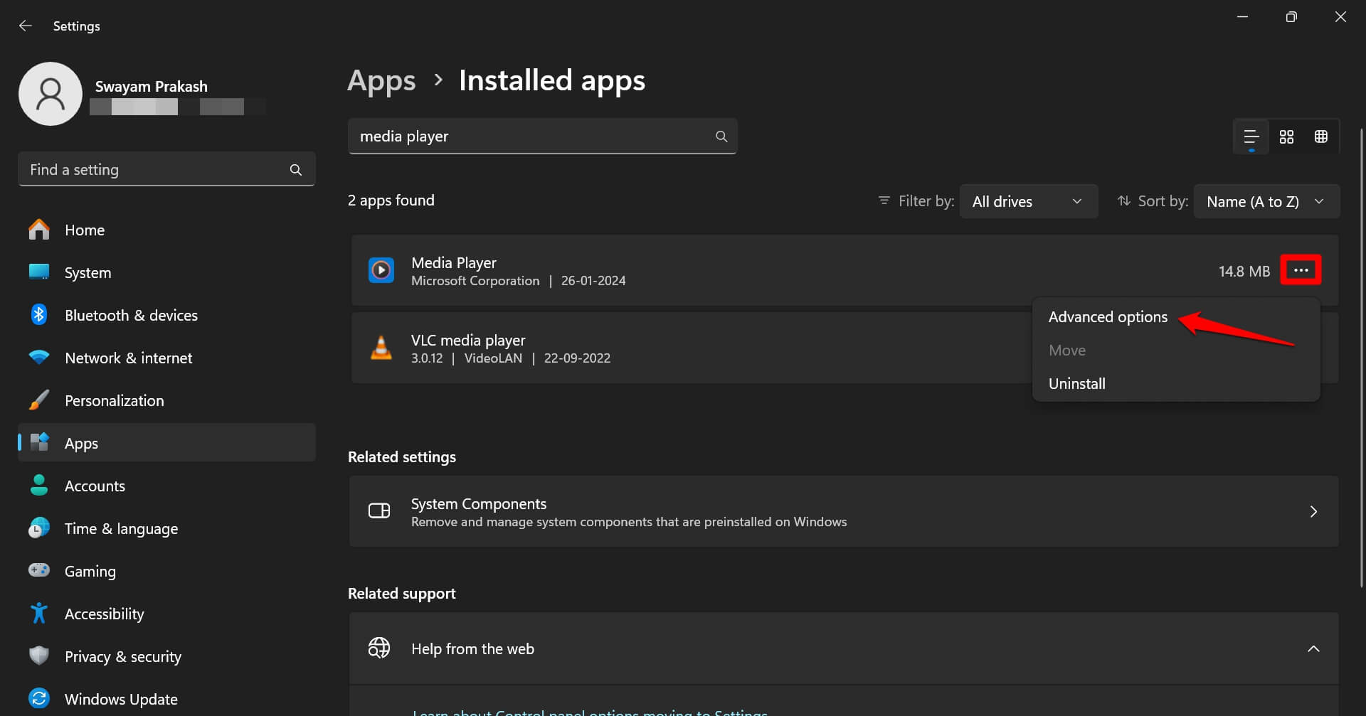 opzioni avanzate di windows media player