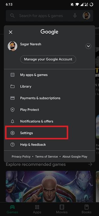 Configurações do Play Store