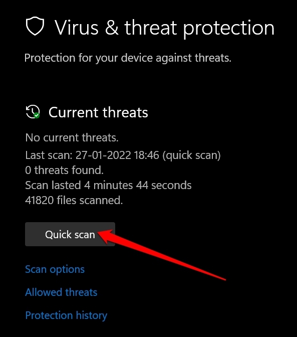 esegui scansione rapida per controllare malware