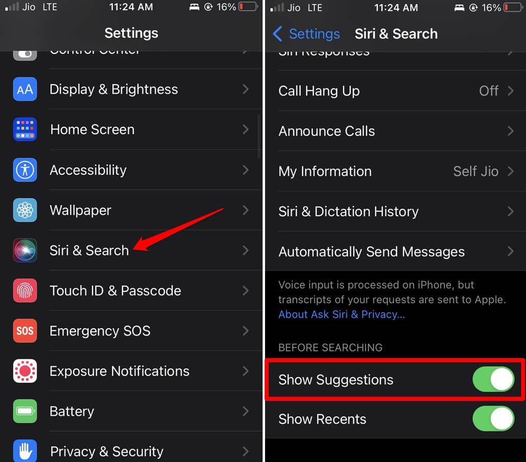 abilita suggerimenti siri iOS