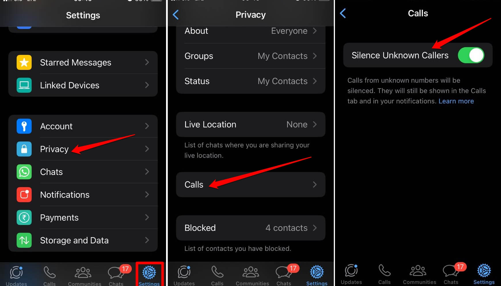 iOS의 WhatsApp에서 알 수 없는 발신자 음소거