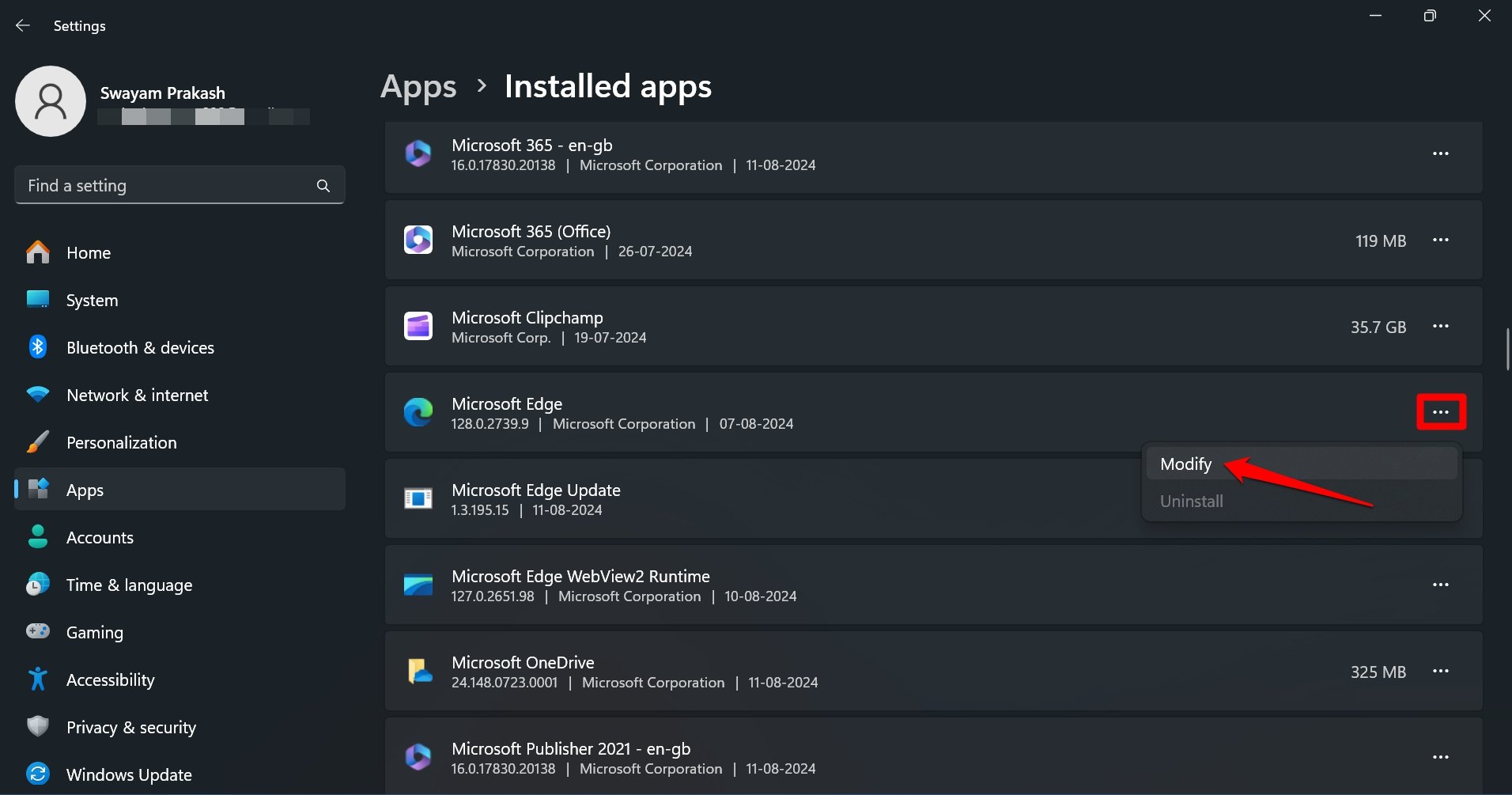 modificar microsoft Edge en Windows 11