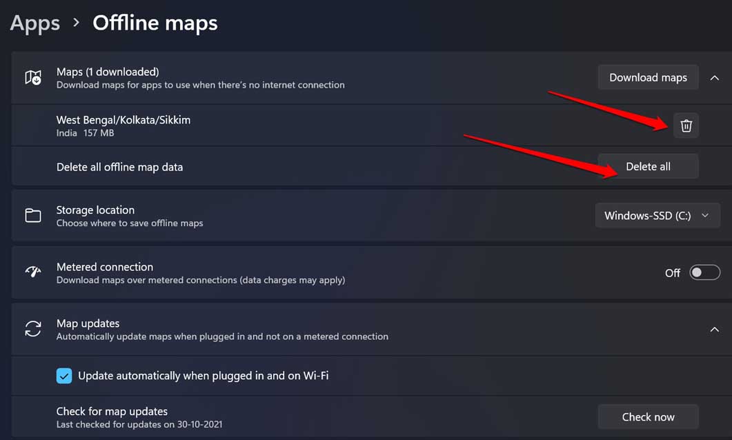 eliminar mapas sin conexión en Windows 11