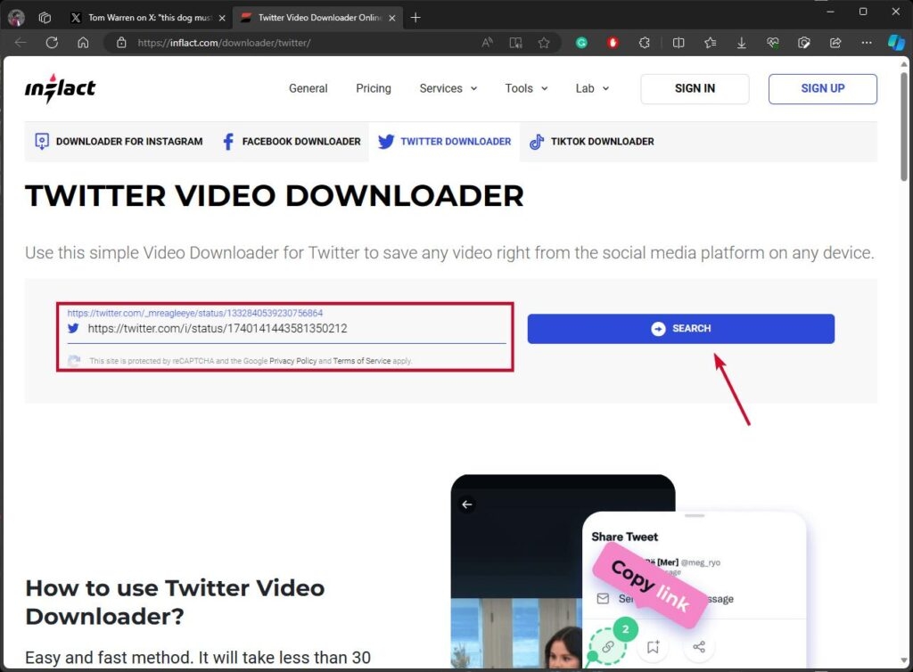 Collez l'URL dans le téléchargeur de vidéos Twitter d'Inflact.