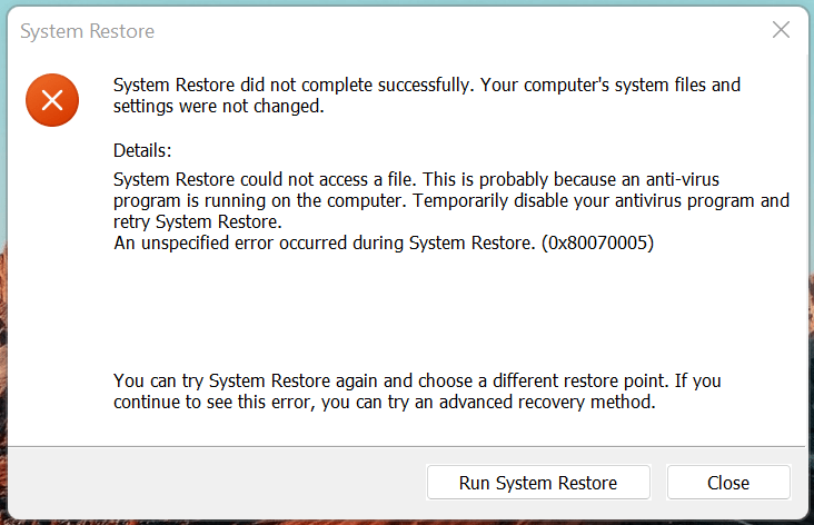 SOLUCIÓN La restauración del sistema falló 0x80070005