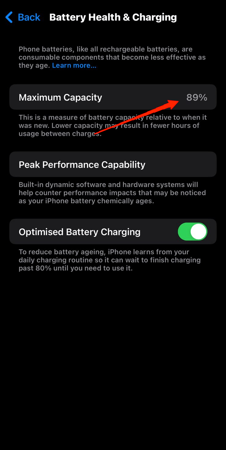 Maintenant, allez dans Santé de la batterie et chargement et vous pouvez le voir là.