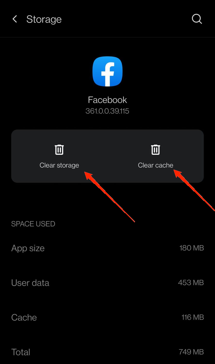 borrar caché y datos de la aplicación de facebook