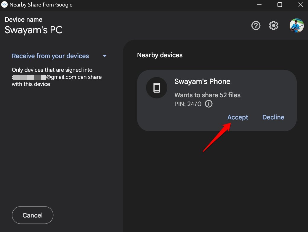 Nearby Share-Anfrage von Android-Telefon akzeptieren