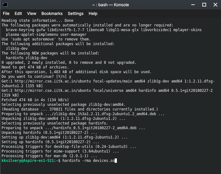 「hardinfo_-rma_devices_co」と入力し、エンターキーを押して続行します