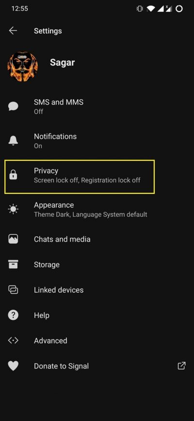 Opzione Privacy nelle Impostazioni