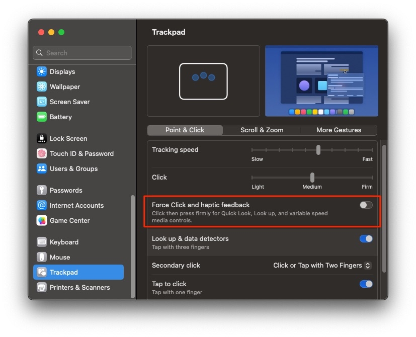 Отключите щелчок и тактильную обратную связь - трекпад MacBook не щелкает